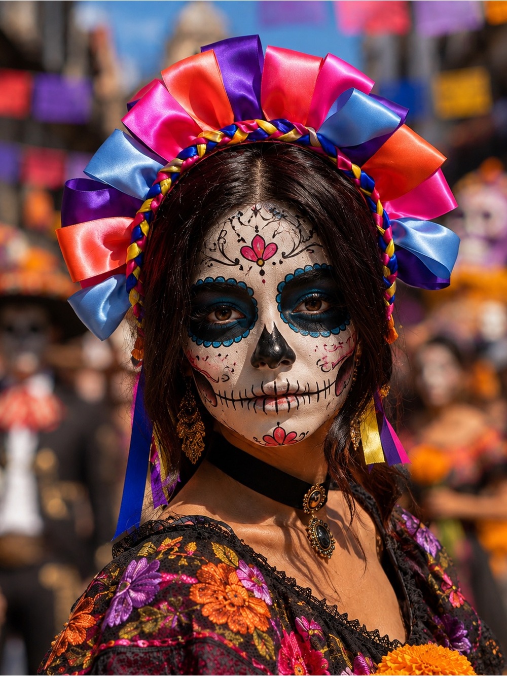 Catrina Day of the  headband Handmade Satin Ribbon Bright Multicolored